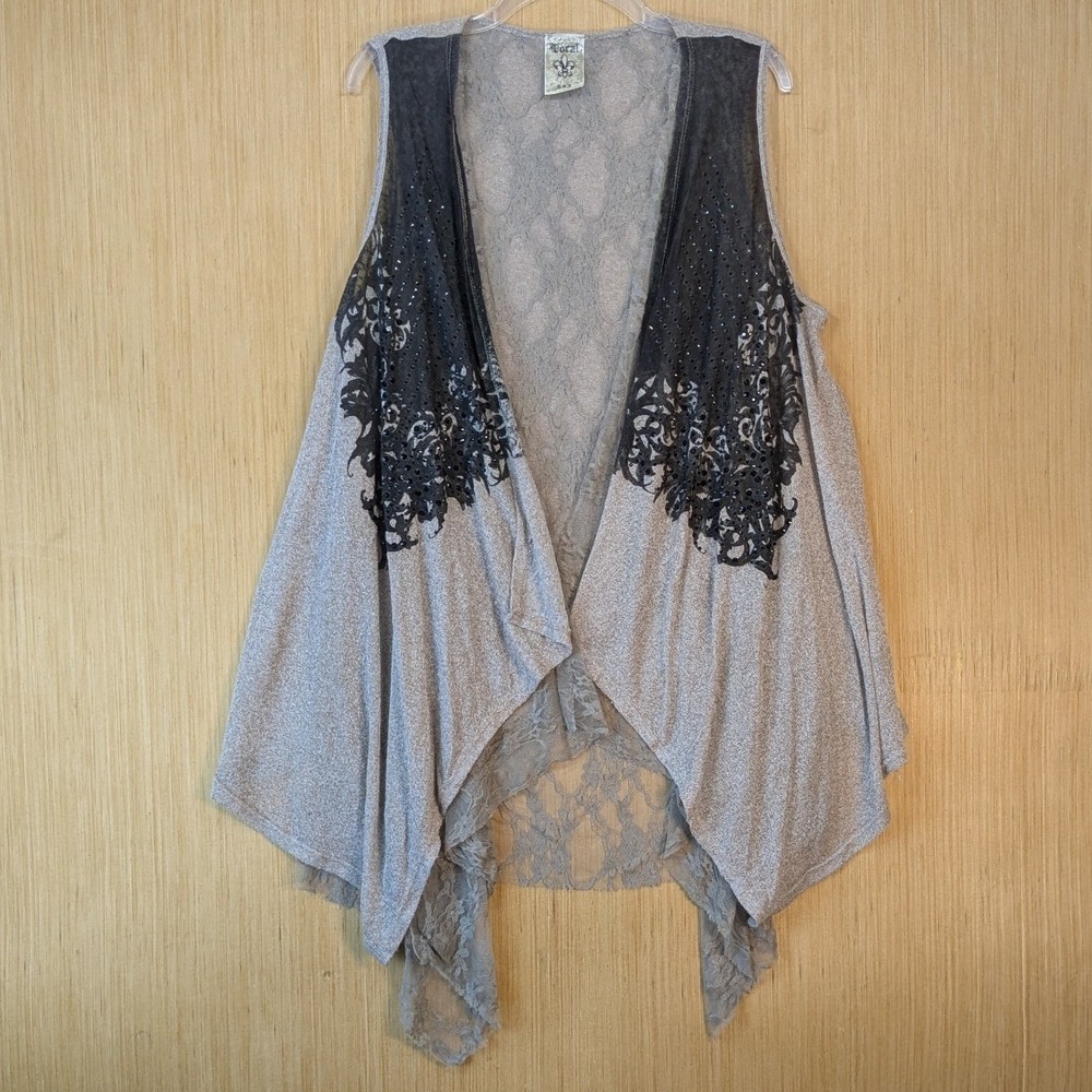 Vocal Womens Festival Y2K Biker Vest XL Grey Lace Back Rhinestone Embroidered